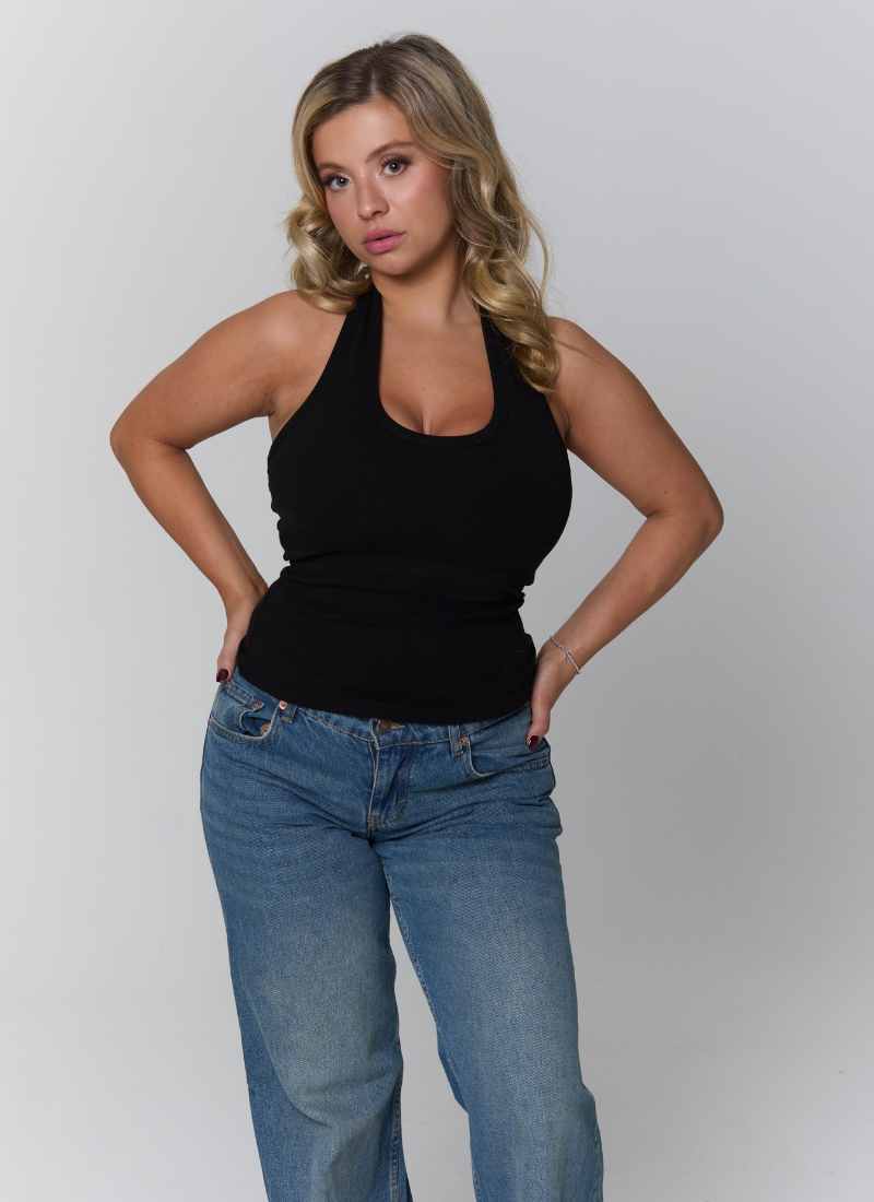 'Kiki' Black Fuller Bust Cotton Ribbed Halter Tank