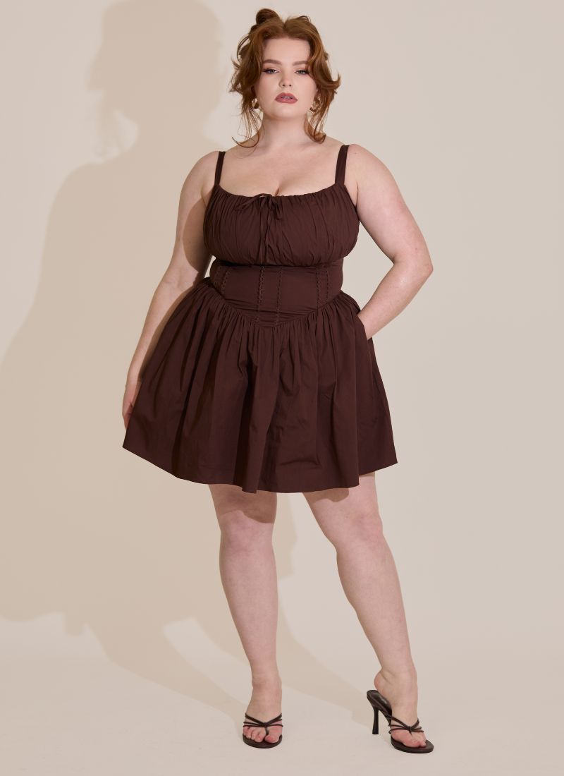 'Camille' Brown Fuller Bust Cotton Mini Dress