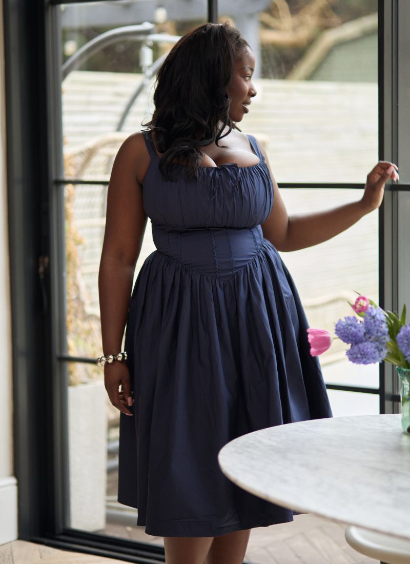 'Camille' Navy Fuller Bust Midi Cotton Dress