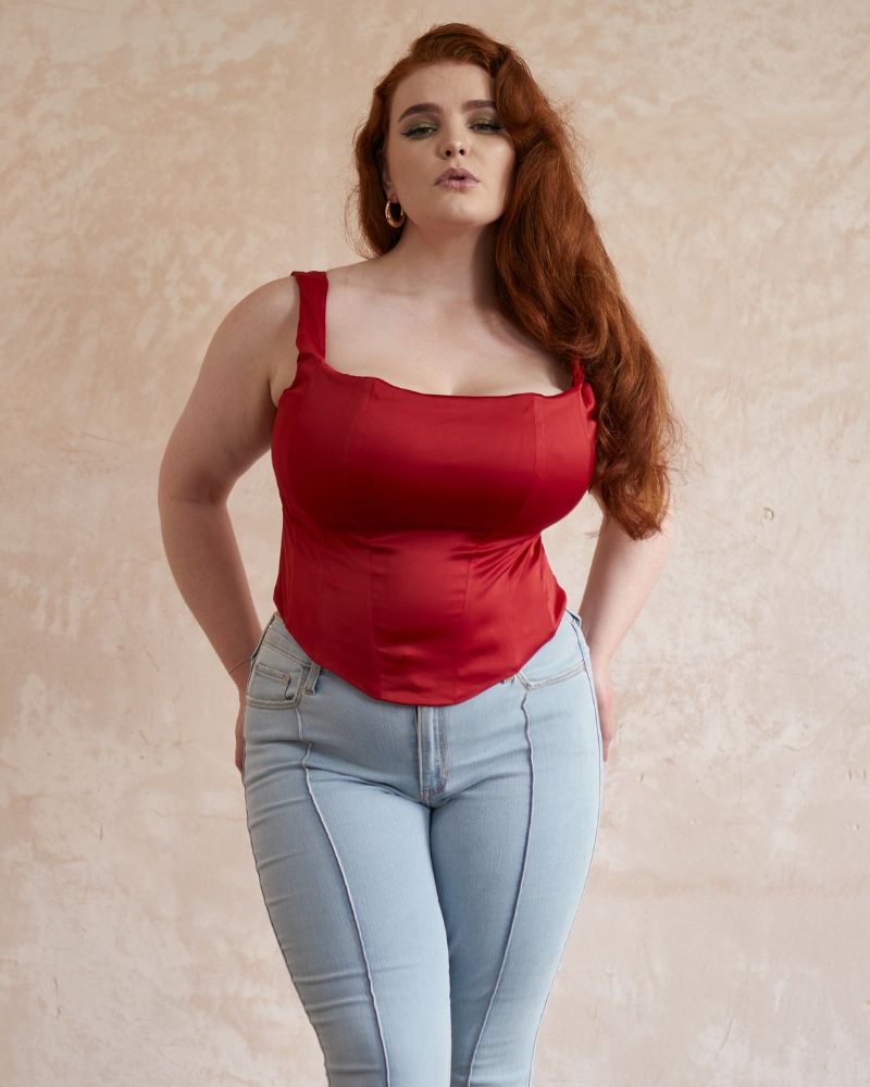 Fuller Bust Satin Corset Top In Red.