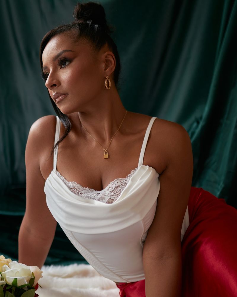 Astrid' White Fuller Bust Satin Corset Top With Cowl Neck