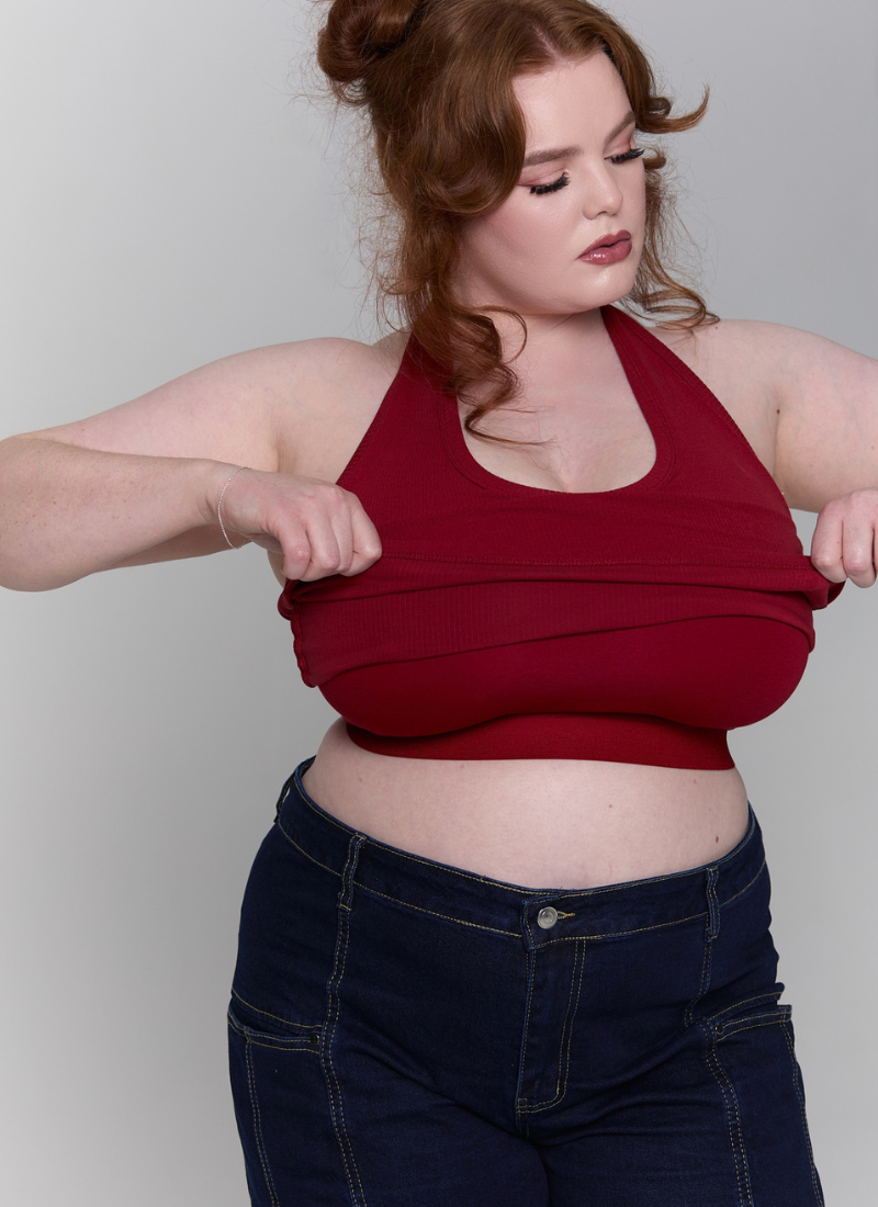 'Kiki' Deep Red Fuller Bust Cotton Ribbed Halter Tank