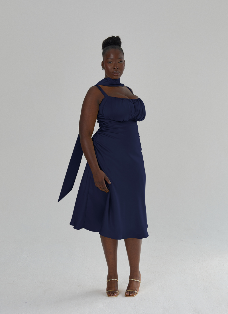 'Adrienne' Navy Fuller Bust Satin Midi Dress