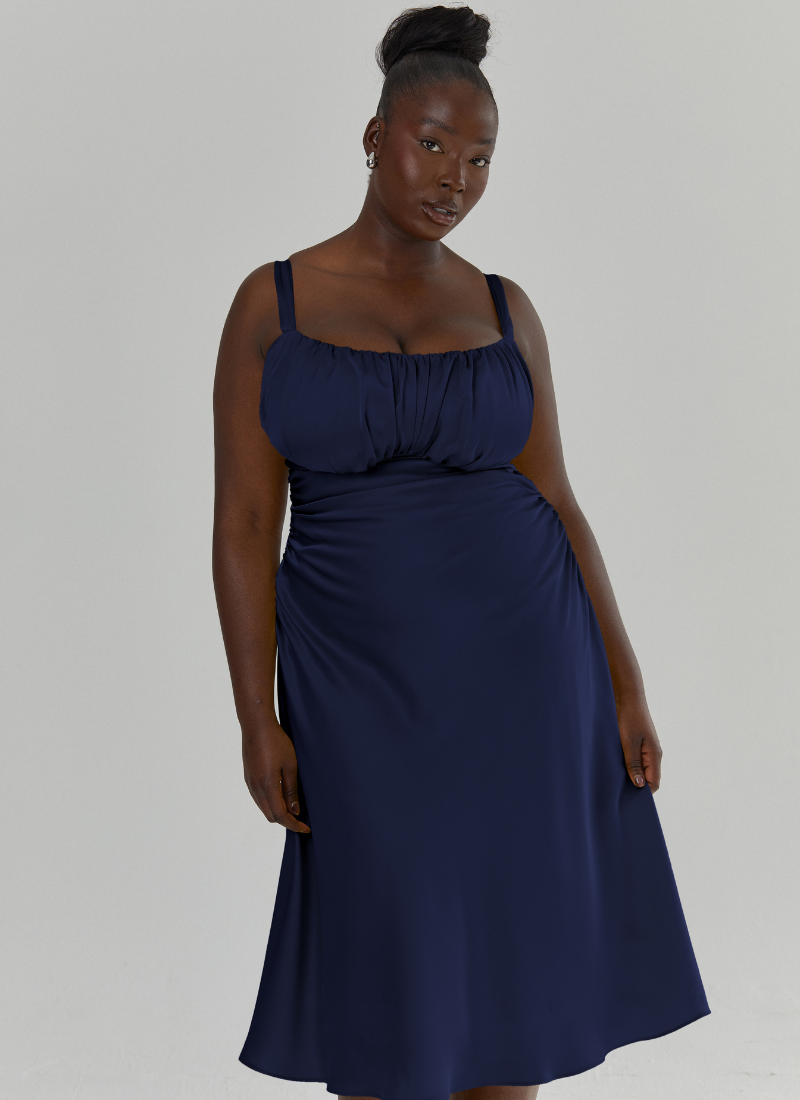 'Adrienne' Navy Fuller Bust Satin Midi Dress
