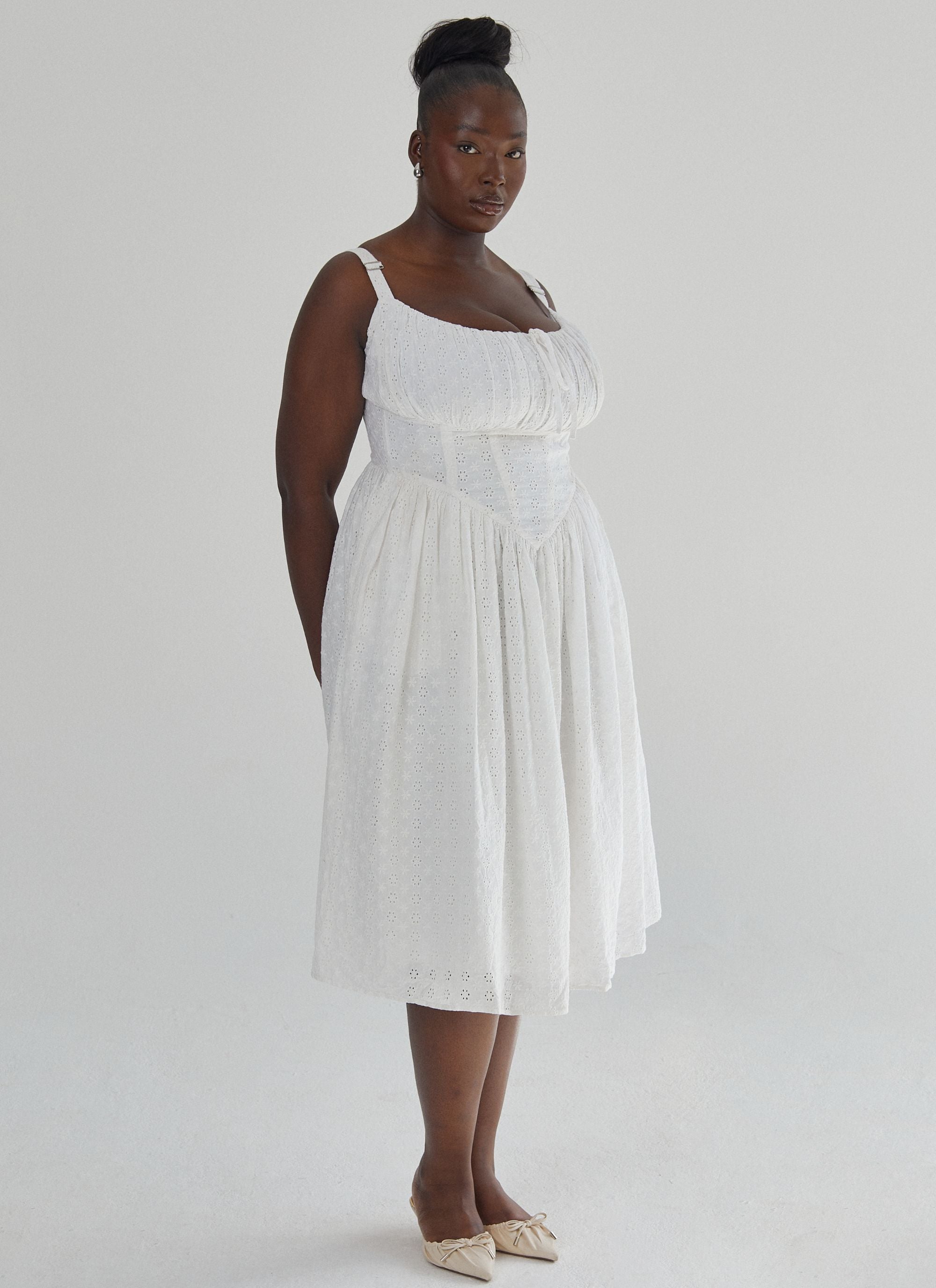 'Marie' Ivory Fuller Bust Midi Embroidery Dress