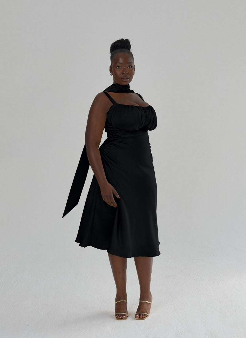 'Adrienne' Black Fuller Bust Satin Midi Dress
