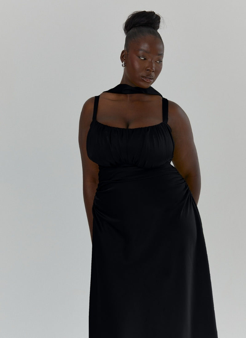 'Adrienne' Black Fuller Bust Satin Midi Dress