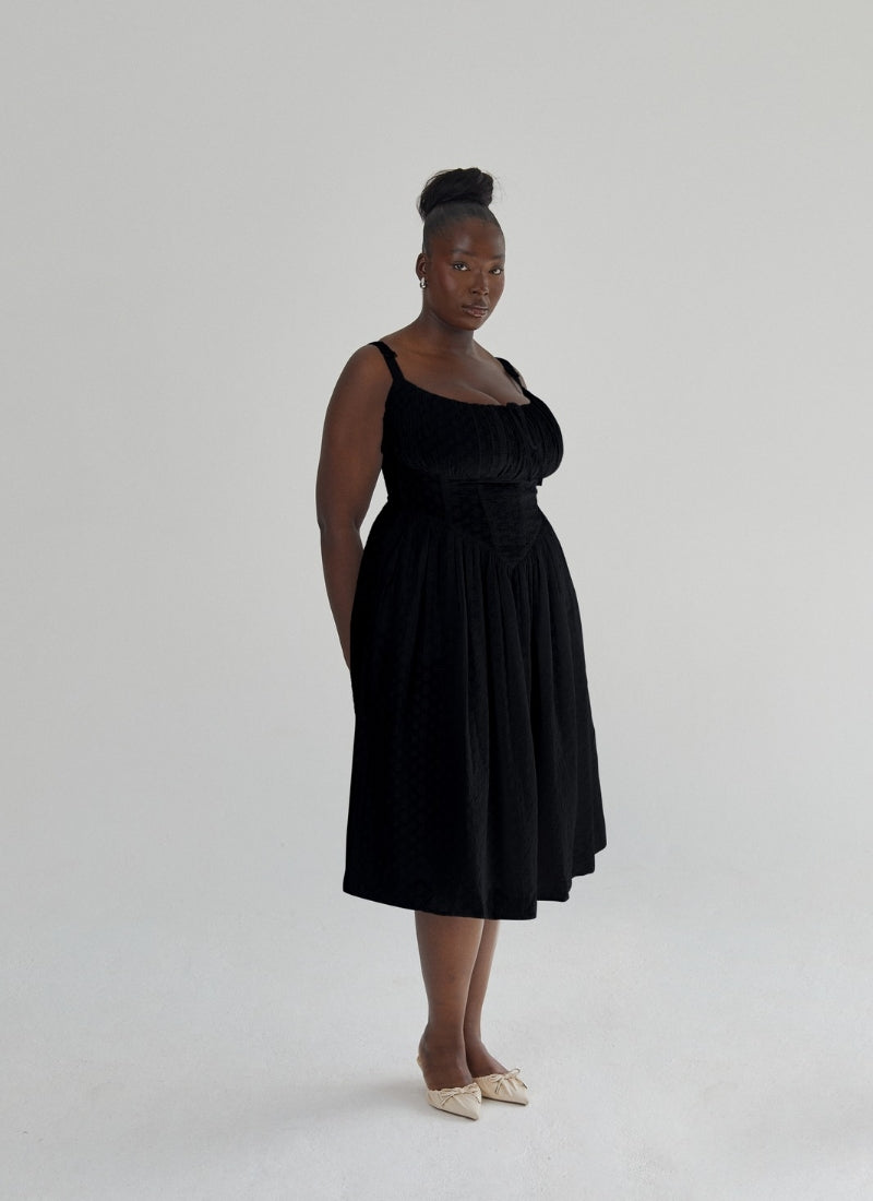 'Marie' Black Fuller Bust Midi Embroidery Dress
